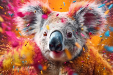  An Vibrant Photograph Of A Koala Splashed In Bright Paint, Contemporary Colors And Mood Social Background.  Generative AI Technology.