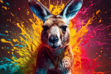 Wall Mural - An vibrant photograph of a Kangaroo splashed in bright paint, contemporary colors and mood social background.  Generative AI technology.