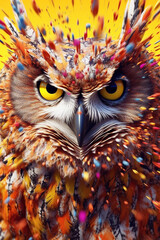 Poster - An abstract surreal photograph of a Owl splashed in bright paint, contemporary colors and mood social background.  Generative AI technology.