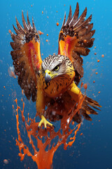Poster -  An abstract surreal photograph of a Falcon splashed in bright paint, contemporary colors and mood social background. Generative AI technology.