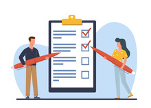 Man And Woman Hold Pens And Write Down Goals To Achieve Or Make To Do List. Tiny People With Huge Checklist, Red Pencil And Clipboard Paper. Cartoon Flat Style Isolated Vector Concept