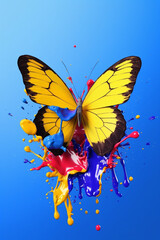 Poster - An abstract surreal photograph of a Butterfly splashed in bright paint, contemporary colors and mood social background.  Generative AI technology.
