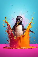 Poster - An abstract surreal photograph of a Penguin splashed in bright paint, contemporary colors and mood social background.  Generative AI technology.