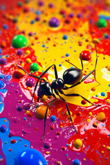 Poster - An abstract surreal photograph of a Ant splashed in bright paint, contemporary colors and mood social background. Generative AI technology.