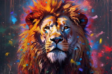 Poster - A majestic lion with vibrant, multicolored paint dripping from its mane, showcasing its regal beauty in a unique and artistic way. Generative AI technology.