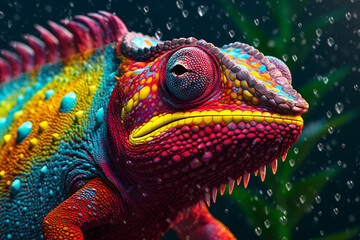 Aufkleber - A curious chameleon blending into its colorful surroundings, its body marked with dripping paint in various shades, symbolizing the adaptability. Generative AI technology.