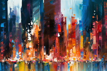 Poster - An abstract painting of a cityscape with vibrant paint drips depicting the energy and movement of urban life in a visually striking way. Generative AI technology.