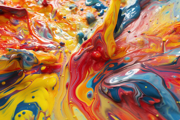 Poster - A colorful and abstract painting of a landscape with flowing rivers of paint drips, evoking a sense of movement and fluidity in nature. Generative AI technology.