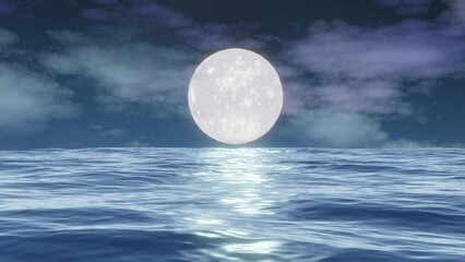 night ocean and full moon nature scene. ocean background. animated clouds. small waves on water surf