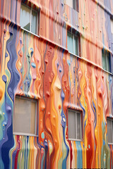 Fototapete - A colorful and abstract mural on a building facade, with paint drips creating a sense of movement and energy in the urban environment. Generative AI technology.