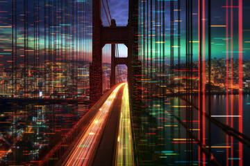 Poster - A graphic representation of data integration as a bridge spanning across disparate data sources, connecting them for seamless data exchange and analysis.  Generative AI technology.