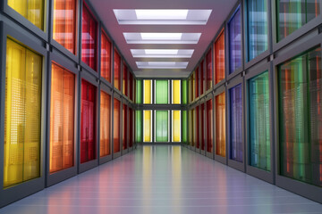Poster - An image of a data warehouse with multiple doors representing different data sources, emphasizing the role of data management.  Generative AI technology.