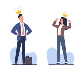 Narcissistic people, man and woman praised and proud of themselves, confidence egocentric attitude. Narcissist business people in crown. Cartoon flat isolated illustration. Vector concept