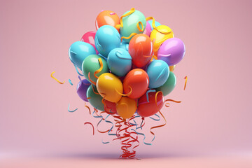 Poster - A whimsical pastel brain with colorful balloons and floating ribbons, capturing a sense of joy and lightheartedness. Generative AI technology.