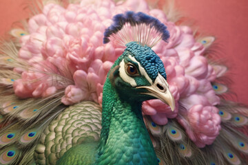 Poster - A pastel peacock with graceful feathers in shades of mint green, lavender, and coral, displaying its vibrant beauty in a soft and dreamy style. Generative AI technology.