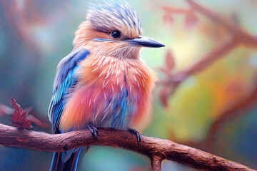 Poster - A pastel bird perched on a branch, its feathers adorned with subtle pastel shades and intricate details, radiating a sense of delicacy and freedom. Generative AI technology.