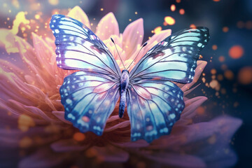 Poster - A pastel butterfly with intricate patterns and delicate wings, hovering above pastel flowers in a serene and enchanting scene. Generative AI technology.