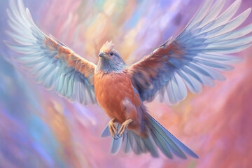 Fototapete - A pastel bird with a vibrant plumage in soft shades of pastel, its wings outstretched in mid-flight, symbolizing freedom and beauty. Generative AI technology.