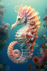 Poster - A pastel seahorse with delicate curves and patterns, its soft hues mirroring the tranquil depths of the ocean in a dreamlike pastel style. Generative AI technology.
