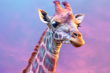 Poster - A pastel-colored Giraffe with a majestic mane, rendered in soft hues of pink, purple, and blue, exuding a serene and regal presence. Generative AI technology.