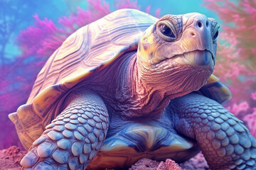 Poster - A pastel-colored Tortoise with a majestic mane, rendered in soft hues of pink, purple, and blue, exuding a serene and regal presence. Generative AI technology.