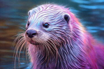 Poster - A pastel-colored Otter with a majestic mane, rendered in soft hues of pink, purple, and blue, exuding a serene and regal presence. Generative AI technology.