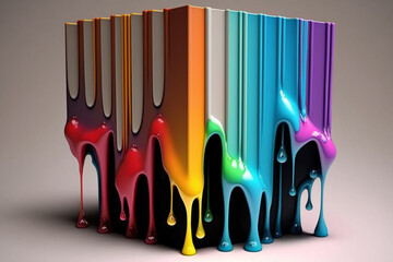 Poster - A set of books with colorful paint dripping down their spines, transforming them into artistic sculptures.  Generative AI technology.