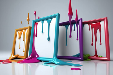 Aufkleber -  A set of picture frames with colorful paint dripping along the edges, enhancing the visual appeal of the displayed artworks or photographs. Generative AI technology.