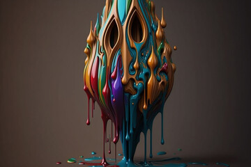 Poster - A wooden sculpture with colorful paint dripping down its intricate carvings, accentuating the details and adding a contemporary twist. Generative AI technology.