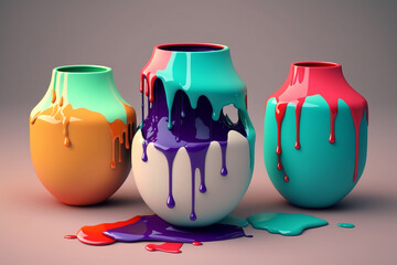 Poster - A set of ceramic vases with vibrant paint dripping from the rims, transforming them into bold and artistic centerpieces. Generative AI technology.