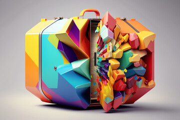 Poster - An abstract suitcase bursting with colorful geometric shapes, representing the anticipation and exploration that comes with travel.  Generative AI technology.