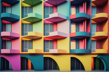 Leinwandbilder - A series of abstract hotel facades, each rendered in unique patterns and vivid colors, symbolizing the hospitality and comfort of accommodation in tourism.  Generative AI technology.