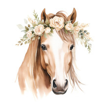 Brown Horse In A Floral Plant Spring Frame, Wreath With Flowerson A White Background. Portrait, Head. Watercolor. Illustration