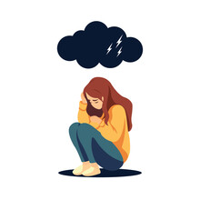  Young Depressed Woman Sitting On Ground Crying With Rain And Storm With Thunder Above Vector Illustration.