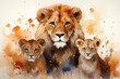 cute group of lions with two little lion kids in watercolor design 