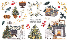 Watercolor Clipart. Christmas Cottage Illustration, Decor And Home Composition. Village Interior Element, Isolated On White Background.