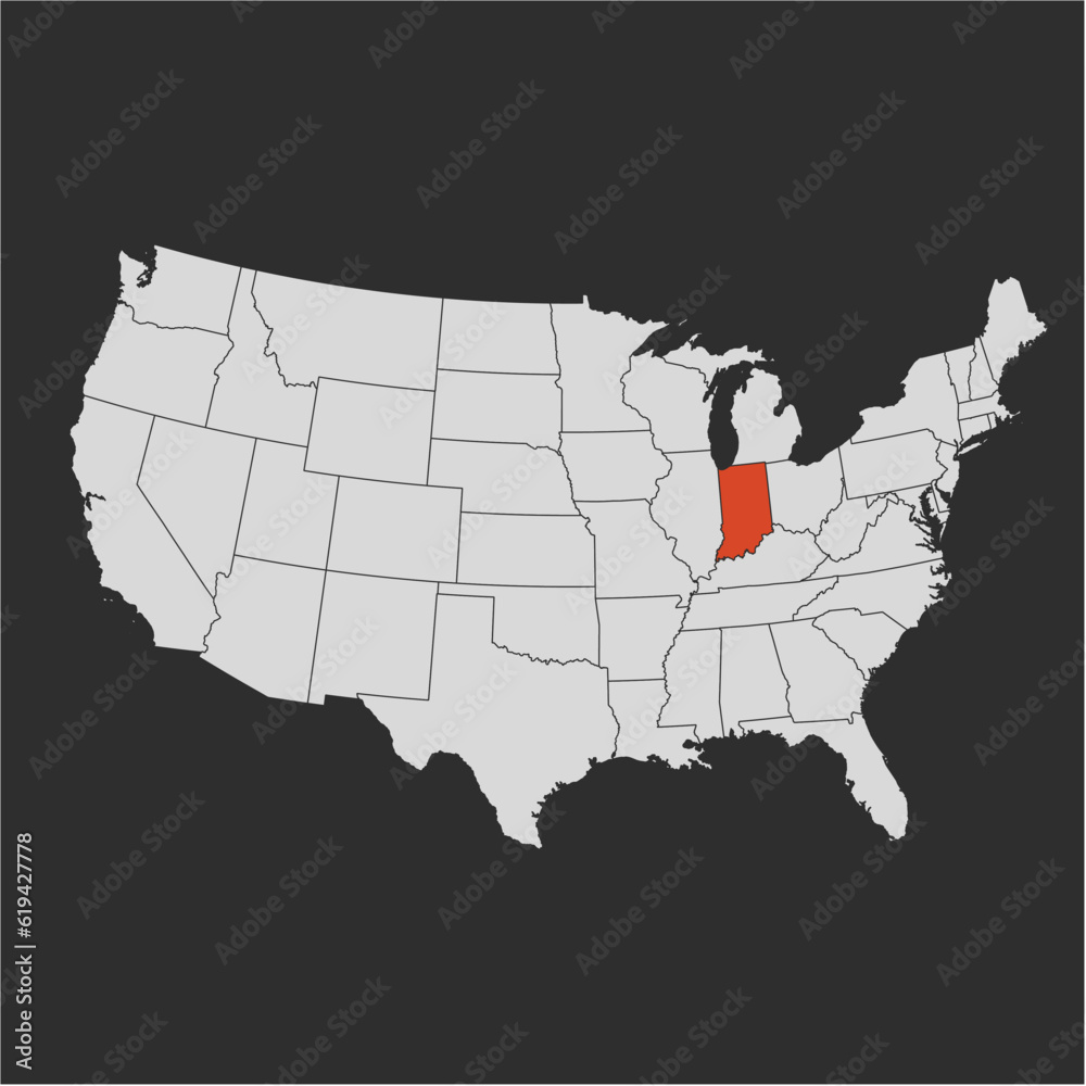 Vector map of the state of Indiana highlighted highlighted in red on a