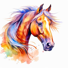  Watercolor horse, colorful horse portrait on a white background, horse riding sports