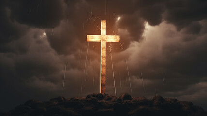 a glowing cross against a gloomy sky concept faith religion. Generative AI