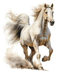  Beautiful horse watercolor painting, a stallion galloping across a meadow or desert on a white background