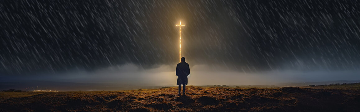 panoramic landscape a lonely man at a glowing cross concept biblical religion. Generative AI