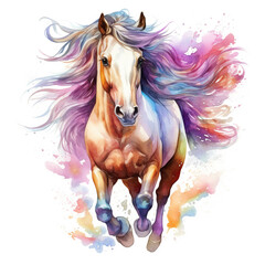  Beautiful horse watercolor painting, a colorful stallion galloping across a meadow or desert on a white background