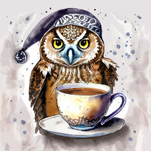 Owl In A Nightcap And A Cup Of Coffee Watercolor Illustration