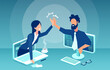 Vector of a business woman and a businessman having a partnership agreement on a online collaboration