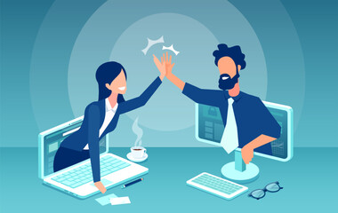 Wall Mural - vector of a business woman and a businessman having a partnership agreement on a online collaboratio