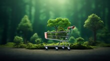 Shopping Wagon Cart In The Forest. Eco, Bio Food, Product, Water, Organic Nature Concept