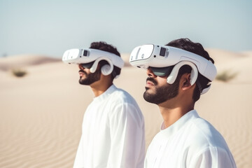 Two emirati man wearing white kandura with VR glasses are standing in the desert. Photorealistic illustration of Generative AI.