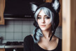 © mila103 - blogger in a cat costume in the kitchen. Generative AI