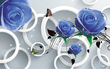 3d Wallpaper Blue Flowers On White Circles And Silk Background 