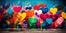 Colorful Hearts As Graffiti Love Symbol On Wall